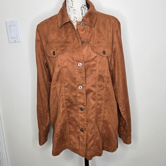 CHICOS Camel Brown Longsleeve Button Front Collared Shirt Jacket Size 1 Medium - Picture 1 of 9